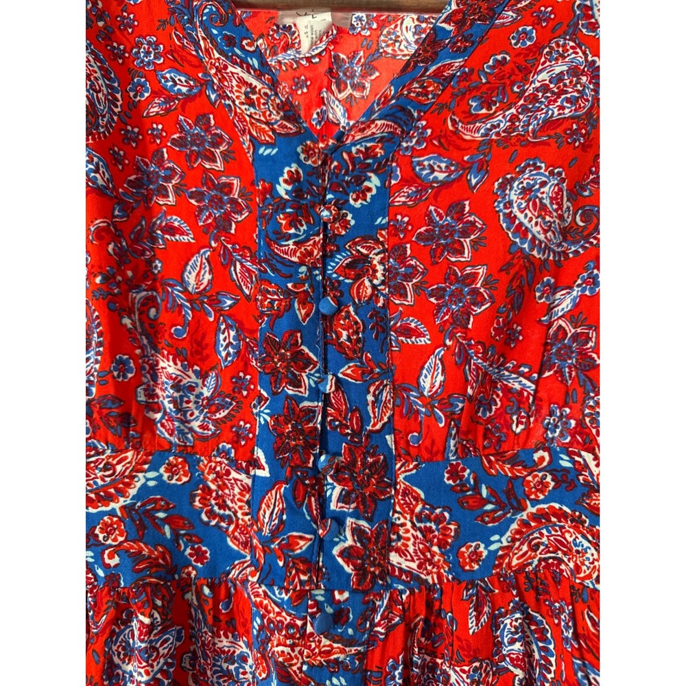 Japna Womens Red Blue Paisley Floral Rayon Maxi Dress V-Neck Smocked Waist L - Picture 4 of 11